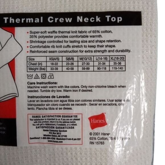 Hanes S 6/8 Boys Thermal Underwear Crew Neck Top Shirt NEW Waffle Weave NEW - Picture 5 of 5